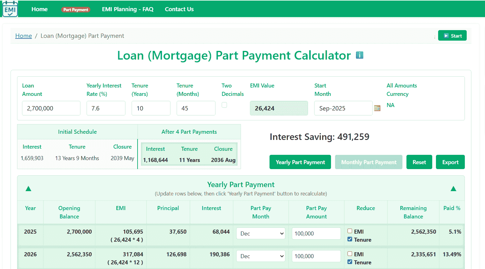 EMI Pre Pay Calculator